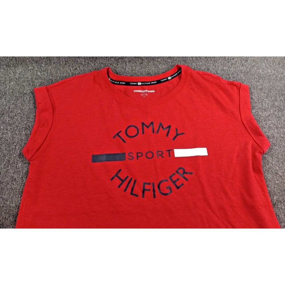 Tommy Hilfiger Sport Womens Red Top Short Sleeve Relaxed Fit Graphic Logo Medium